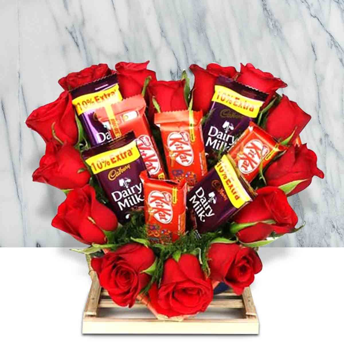 Red Roses With KitKat and Teddy Bear