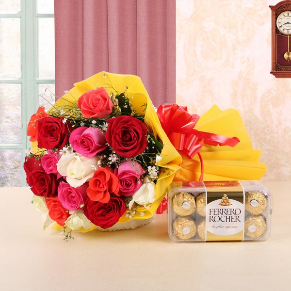 Beautiful Roses Bouquet With Ferrero