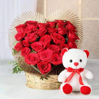 Heart shape Roses with a Cute Teddy