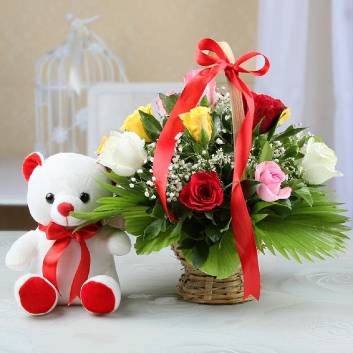 Mix Roses Basket and Cute Teddy